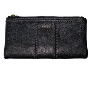 FOSSIL ELLA BLACK LEATHER BIFOLD ZIPPER POCKET WALLET